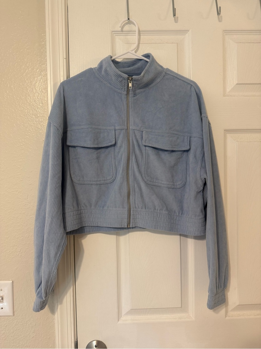 aerie GROOVE JACKET -Light Blue velour ribbed Cropped Zip Jacket